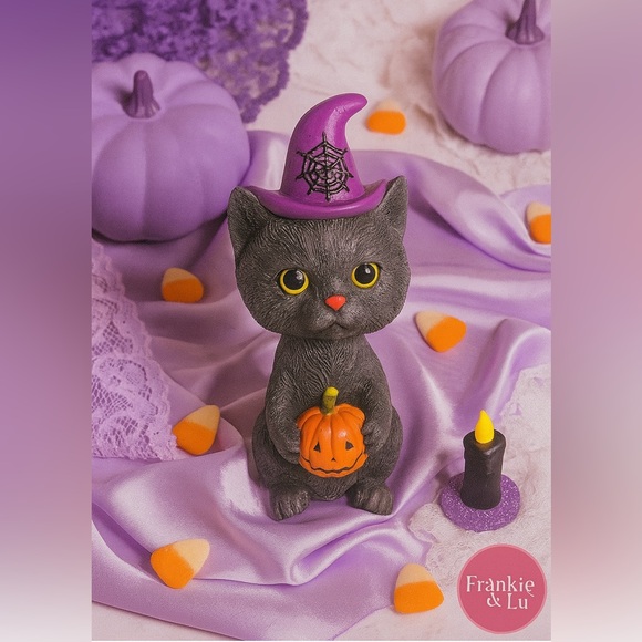 Black Cat Bobble Head Witch Figurine Halloween Decor Purple Hat 11.5” NWT - Picture 3 of 7